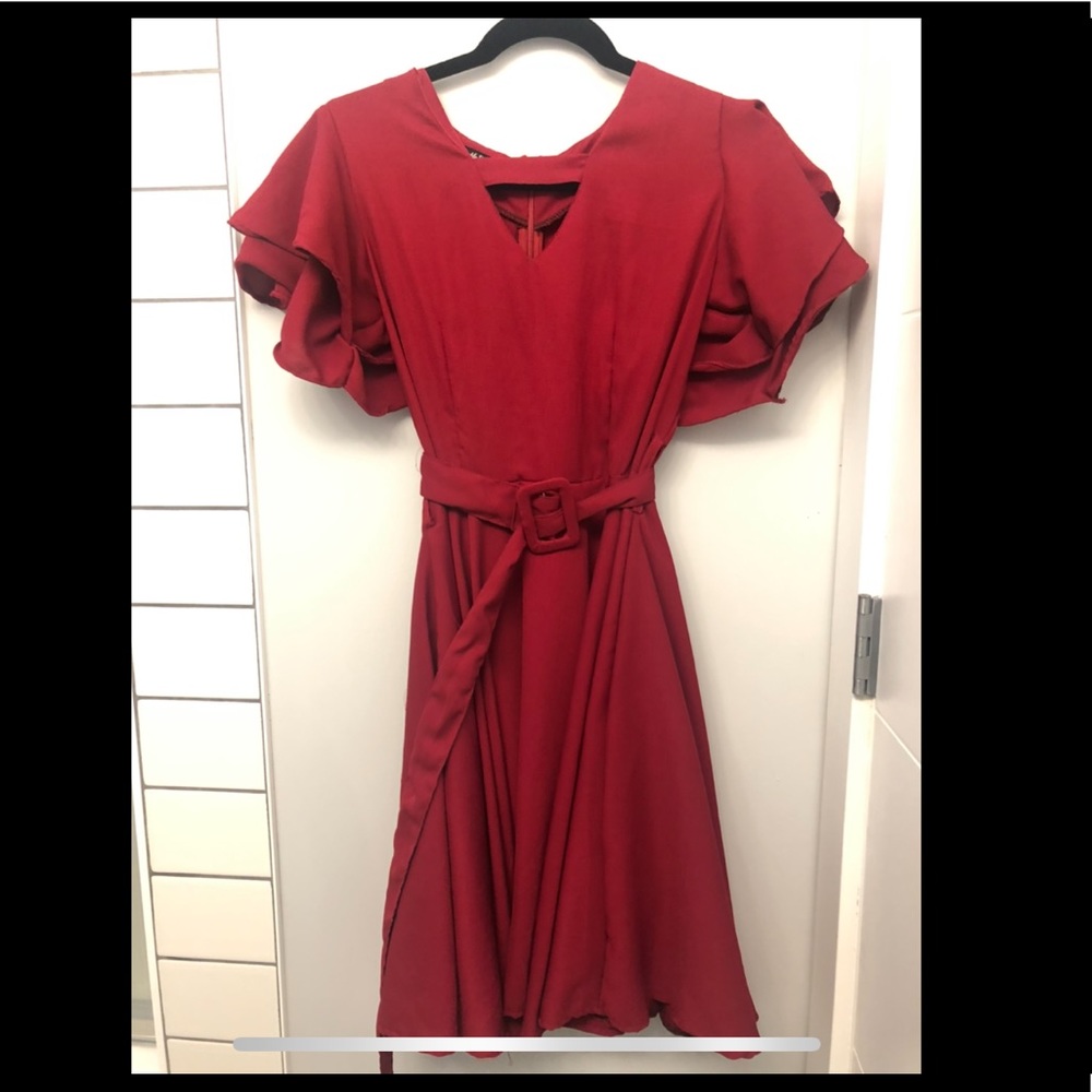 Red A Line Ruffle Sleeve Chiffon Dress